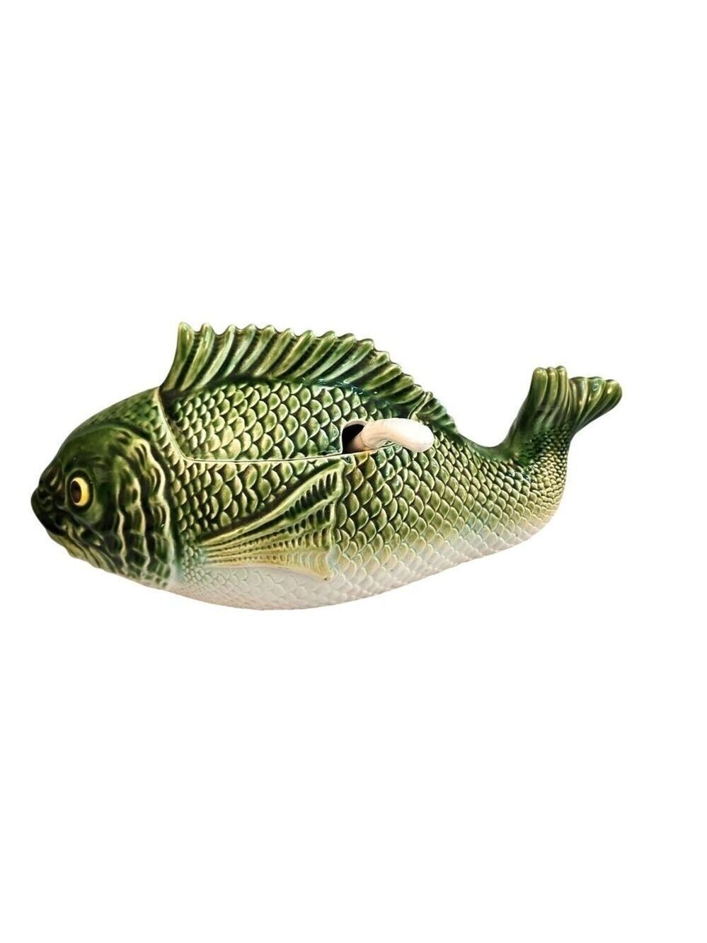 Fish-Shaped 2qt. Ceramic Soup Tureen with Serving Spoon 1950s Vintage Fish Lover